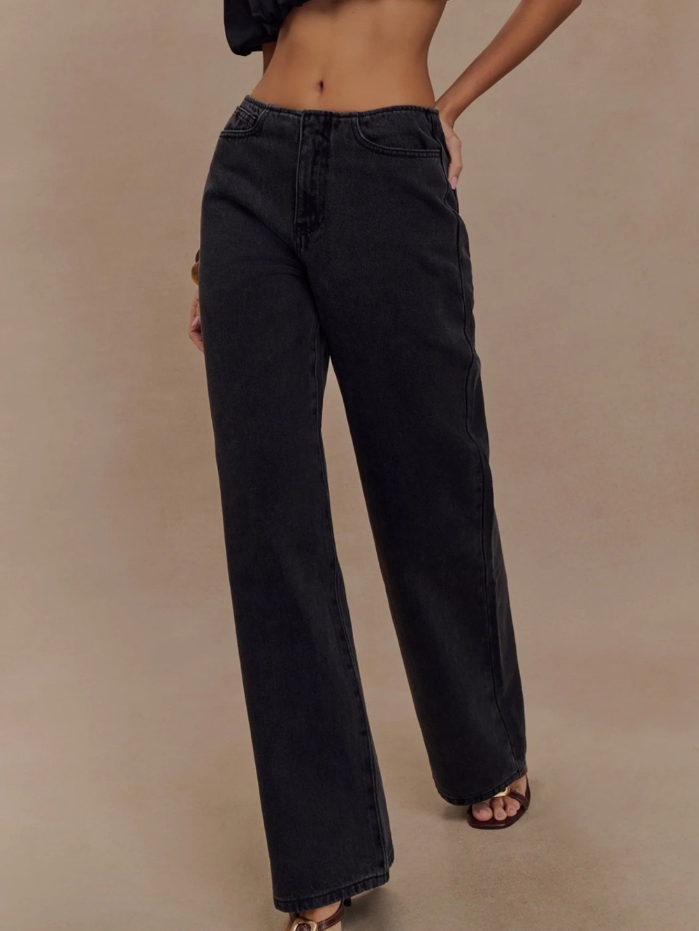 Meshki Black Mid-Rise Wide Leg Jeans
